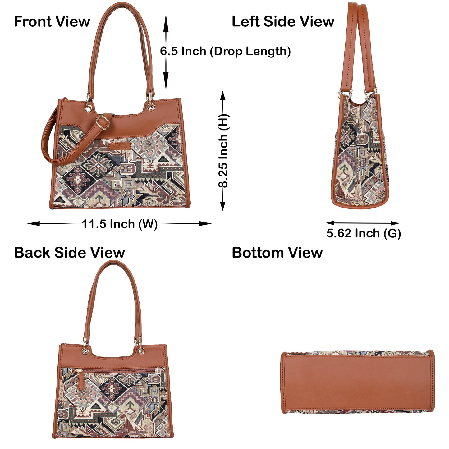 Women Geometric Tapestry Satchel & Crossbody Bag – Vegan leather Trimmed Shoulder and Hand Purse