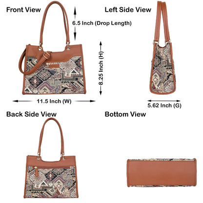 Women Geometric Tapestry Satchel & Crossbody Bag – Vegan leather Trimmed Shoulder and Hand Purse