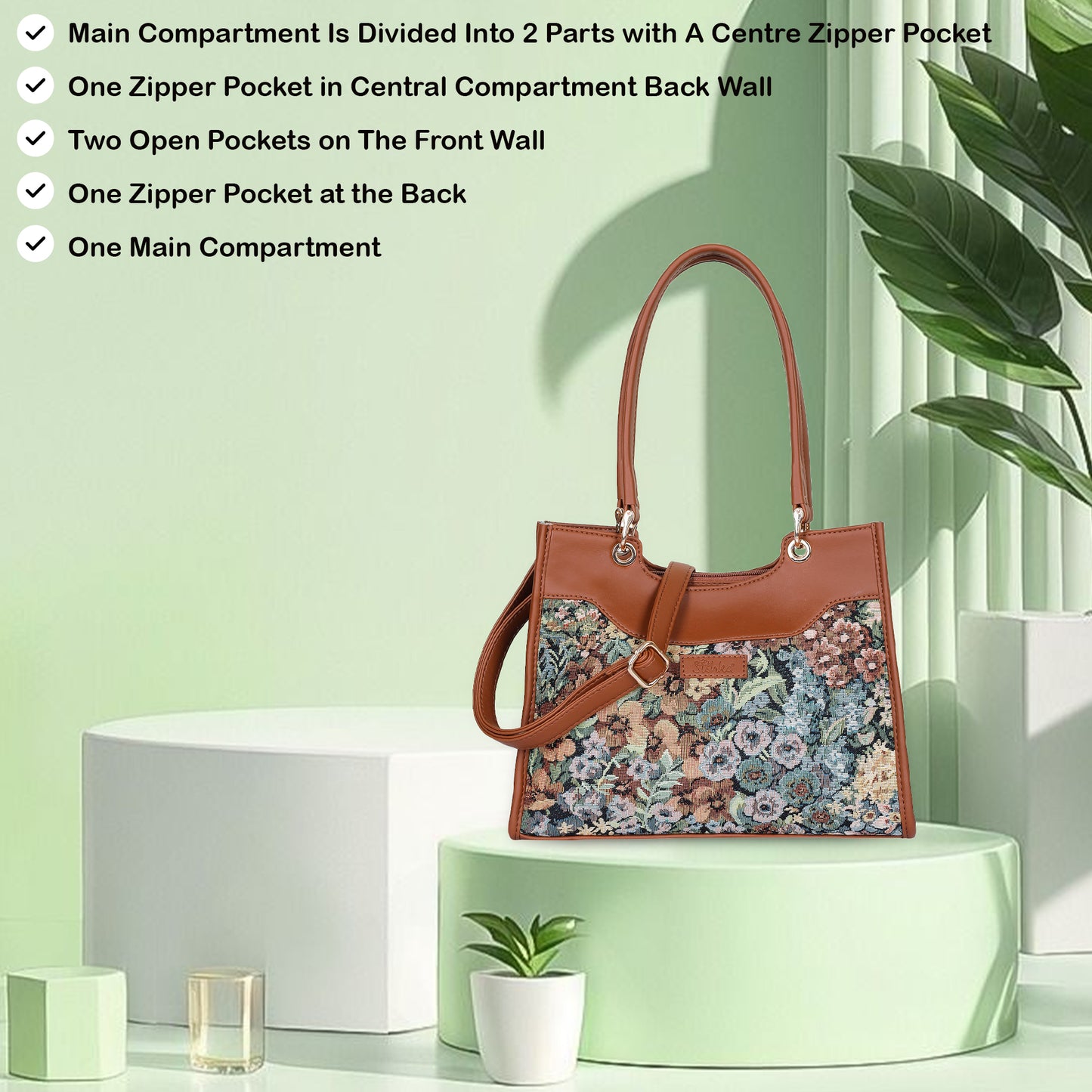Wholesale Women Botanical Tapestry Satchel Bag – Vegan Leather Trimmed Handbag, Crossbody & Shoulder Purse