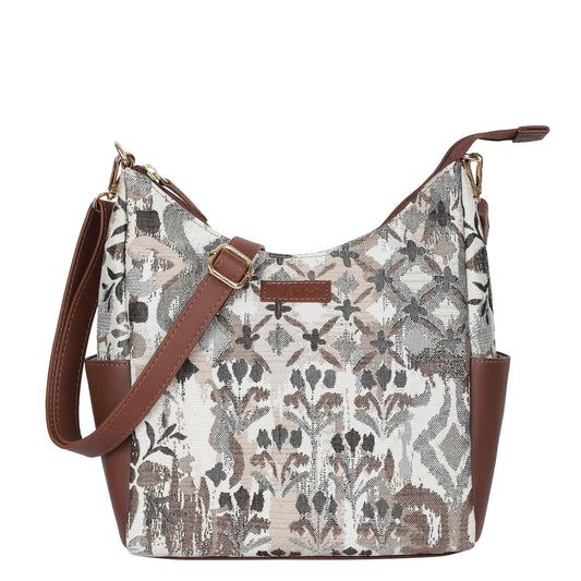 Abstract Tapestry Hobo Crossbody Bag – Women’s Shoulder Sling Handbag with Leather Trim