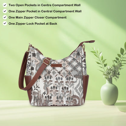 Abstract Tapestry Hobo Crossbody Bag – Women’s Shoulder Sling Handbag with Leather Trim