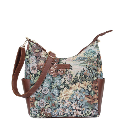 Botanical Tapestry Hobo Bag – Women’s Leather-Trimmed Shoulder & Crossbody Purse