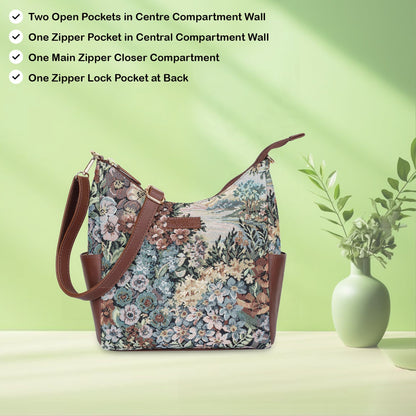 Botanical Tapestry Hobo Bag – Women’s Leather-Trimmed Shoulder & Crossbody Purse