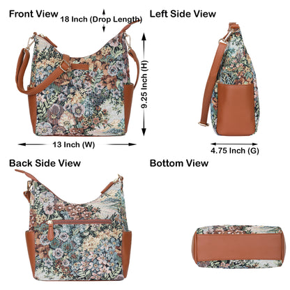 Botanical Tapestry Hobo Bag – Women vegan leather -Trimmed Shoulder & Crossbody Purse
