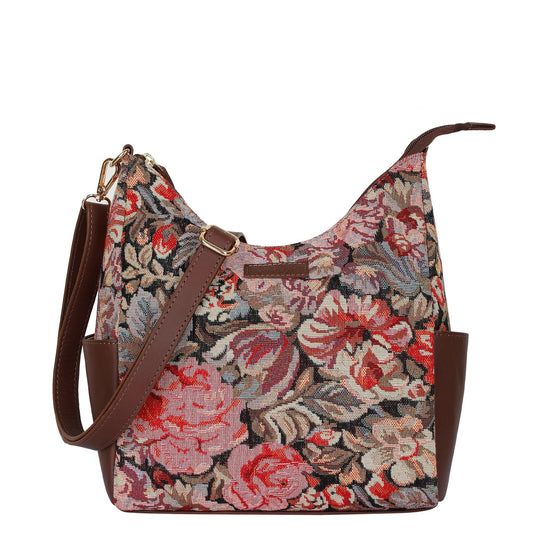 Women's Floral Tapestry Hobo Bag | Stylish Leather-Trimmed Shoulder & Crossbody Purse for Daily Essentials