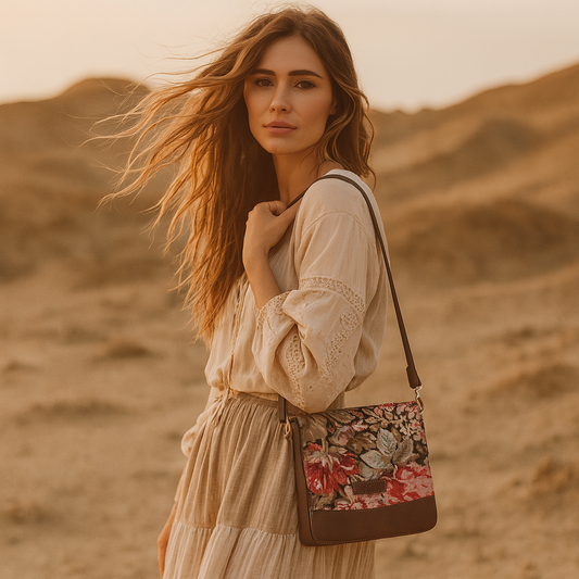 Floral Tapestry Crossbody Bag – Women’s Sling Shoulder Purse with Leather Trim