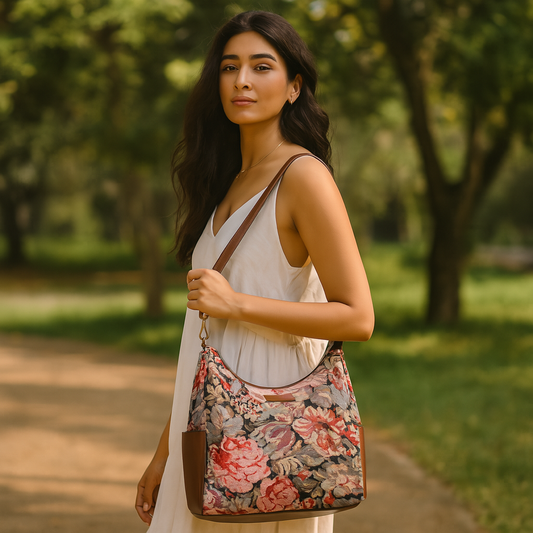 Women's Floral Tapestry Hobo Bag | Stylish Leather-Trimmed Shoulder & Crossbody Purse for Daily Essentials