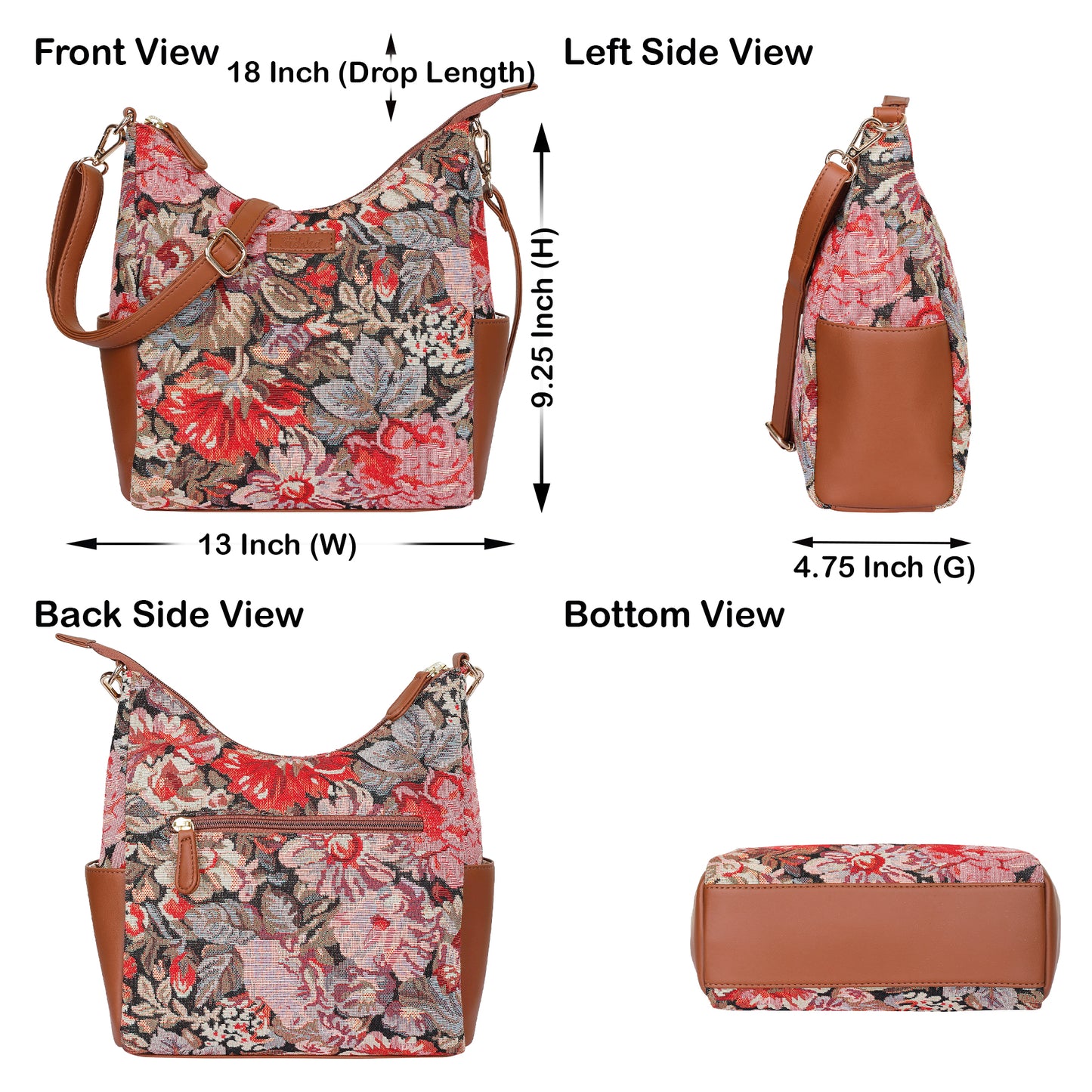 Women's Floral Tapestry Hobo Bag | Stylish vegan leather-Trimmed Shoulder & Crossbody Purse for Daily Essentials