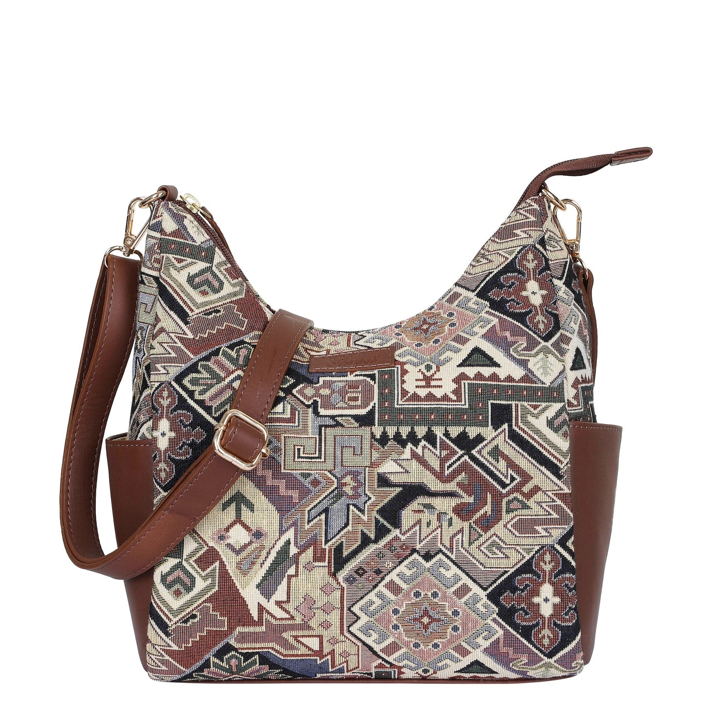 Women’s Hobo Bag in Geometric Tapestry Pattern with Leather Trim |Crossbody & Shoulder Purse for Office