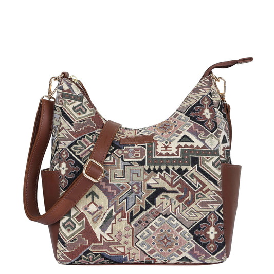 Women’s Hobo Bag in Geometric Tapestry Pattern with Leather Trim |Crossbody & Shoulder Purse for Office