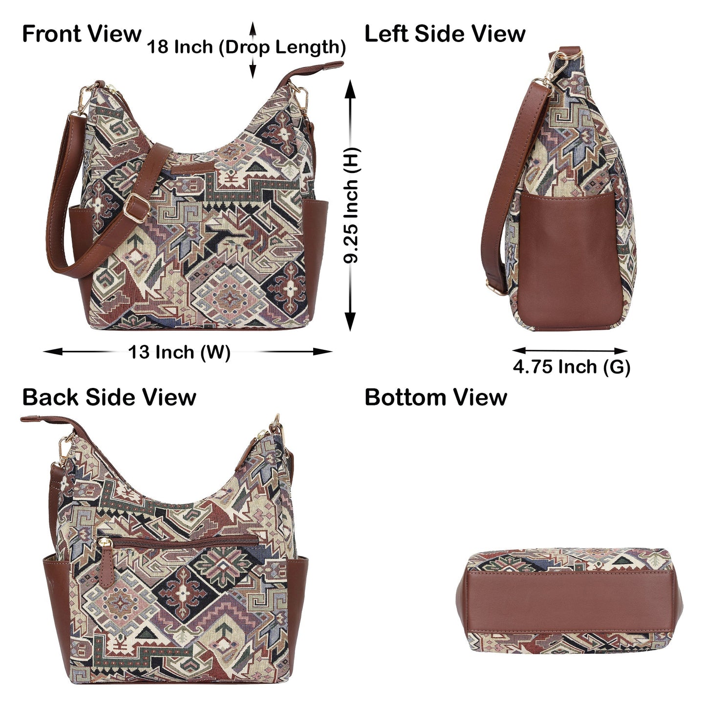 Women’s Hobo Bag in Geometric Tapestry Pattern with Leather Trim |Crossbody & Shoulder Purse for Office