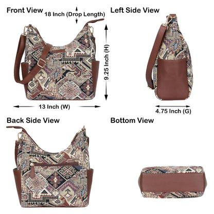 Women’s Hobo Bag in Geometric Tapestry Pattern with Leather Trim |Crossbody & Shoulder Purse for Office