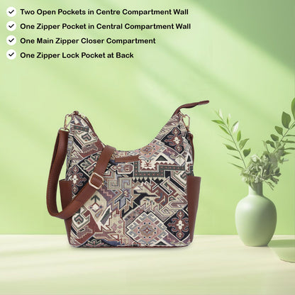 Women’s Hobo Bag in Geometric Tapestry Pattern with Leather Trim |Crossbody & Shoulder Purse for Office