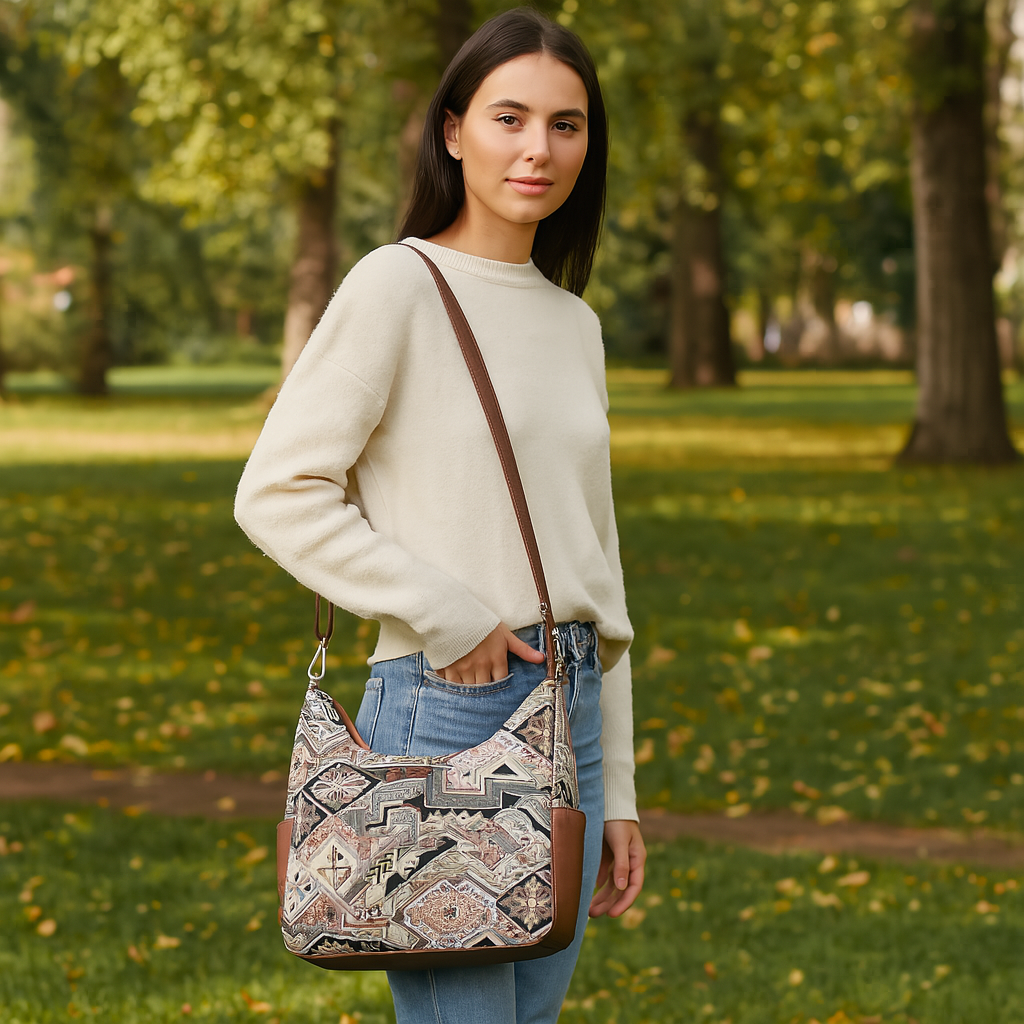 Women’s Hobo Bag in Geometric Tapestry Pattern with Leather Trim |Crossbody & Shoulder Purse for Office