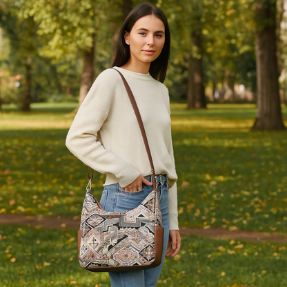 Women’s Hobo Bag in Geometric Tapestry Pattern with Leather Trim |Crossbody & Shoulder Purse for Office