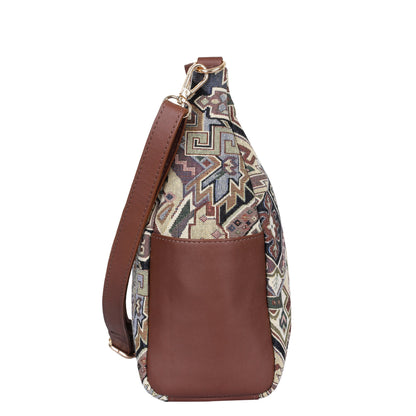 Women’s Hobo Bag in Geometric Tapestry Pattern with Leather Trim |Crossbody & Shoulder Purse for Office