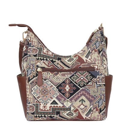Women’s Hobo Bag in Geometric Tapestry Pattern with Leather Trim |Crossbody & Shoulder Purse for Office