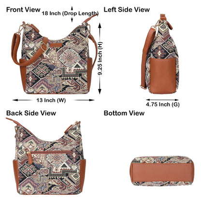 Wholesale Women Hobo Bag in Geometric Tapestry Pattern with vegan leather Trim | Crossbody & Shoulder Purse for Office