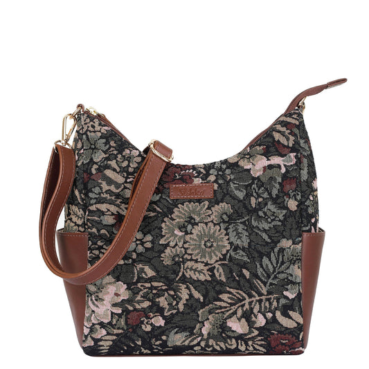 Women's Hobo Bag in Vintage Tapestry Fabric Pattern | Leather-Trim Crossbody Sling & Shoulder Purse