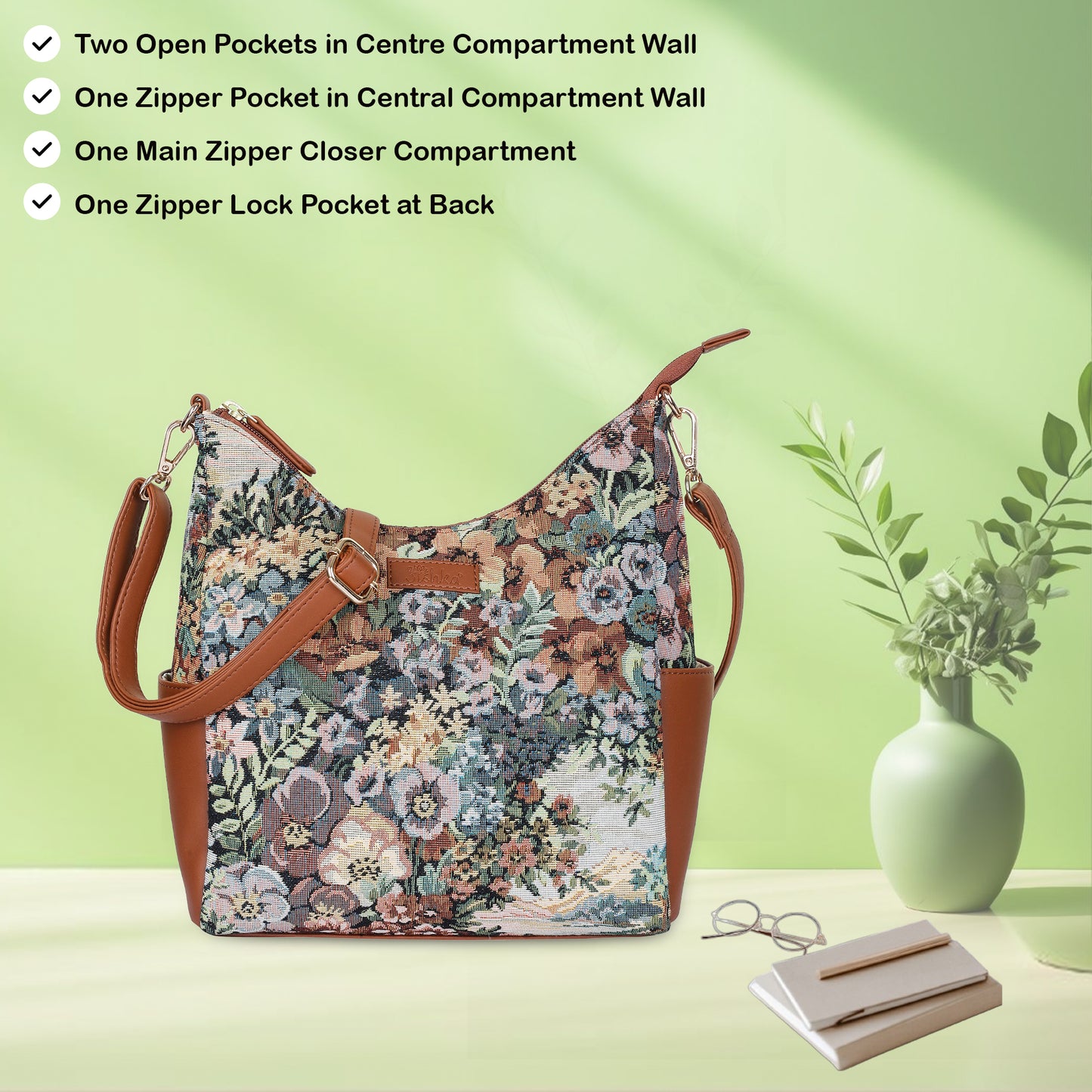 Botanical Tapestry Hobo Bag – Women vegan leather -Trimmed Shoulder & Crossbody Purse