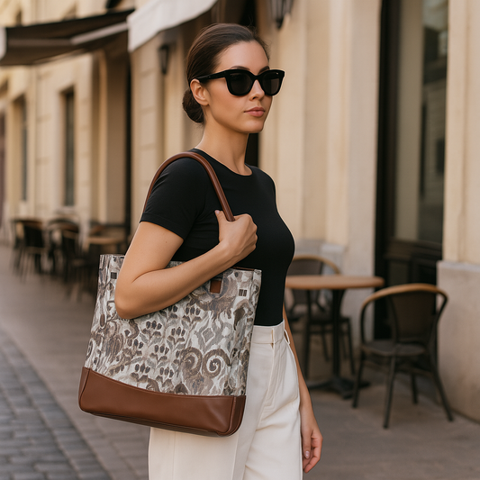 Women’s Abstract Tapestry Tote Bag | Shoulder Purse with Leather Trim & Top Handle for Work, Travel & Daily Use