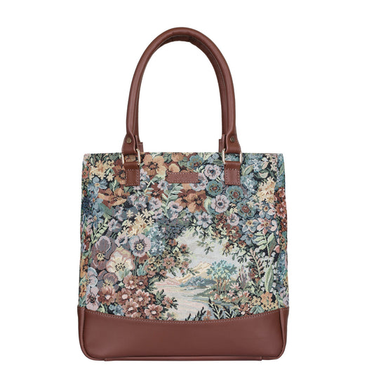Women’s Botanical Tapestry Tote Bag – Shoulder & Top Handle Handbag with Leather Accents