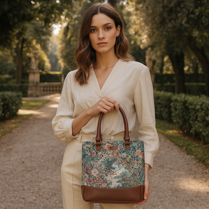 Women’s Botanical Tapestry Tote Bag – Shoulder & Top Handle Handbag with Leather Accents