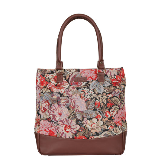 Women’s Floral Tapestry Tote Bag – Leather-Trimmed Shoulder Purse with Top Handle