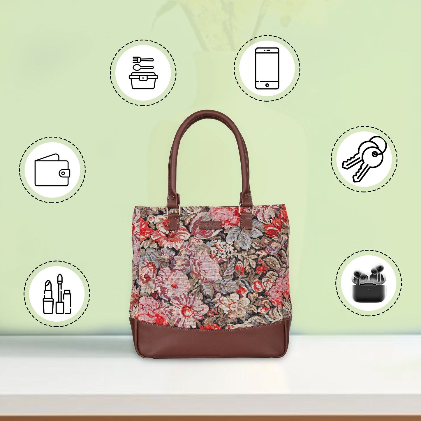 Women’s Floral Tapestry Tote Bag – Leather-Trimmed Shoulder Purse with Top Handle