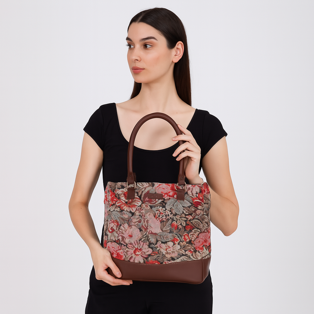 Women’s Floral Tapestry Tote Bag – Leather-Trimmed Shoulder Purse with Top Handle