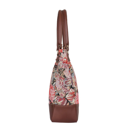 Women’s Floral Tapestry Tote Bag – Leather-Trimmed Shoulder Purse with Top Handle