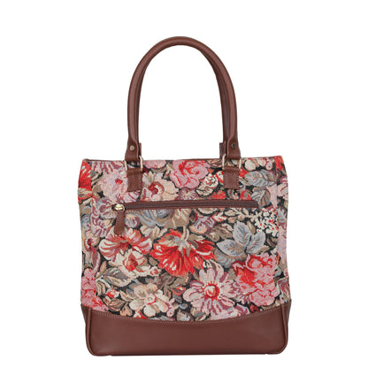 Women’s Floral Tapestry Tote Bag – Leather-Trimmed Shoulder Purse with Top Handle