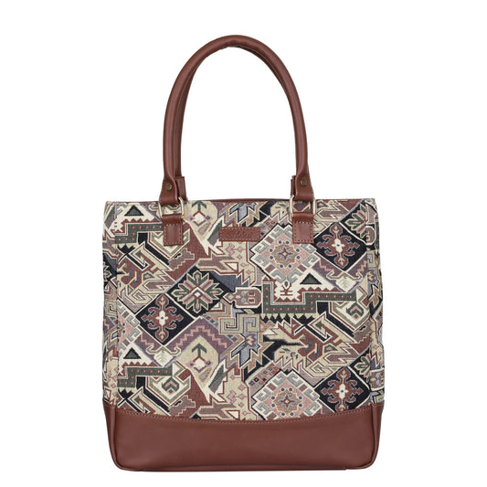 Geometric Tapestry Tote Bag for Women – Leather-Trimmed Shoulder Purse for Daily Use & Work