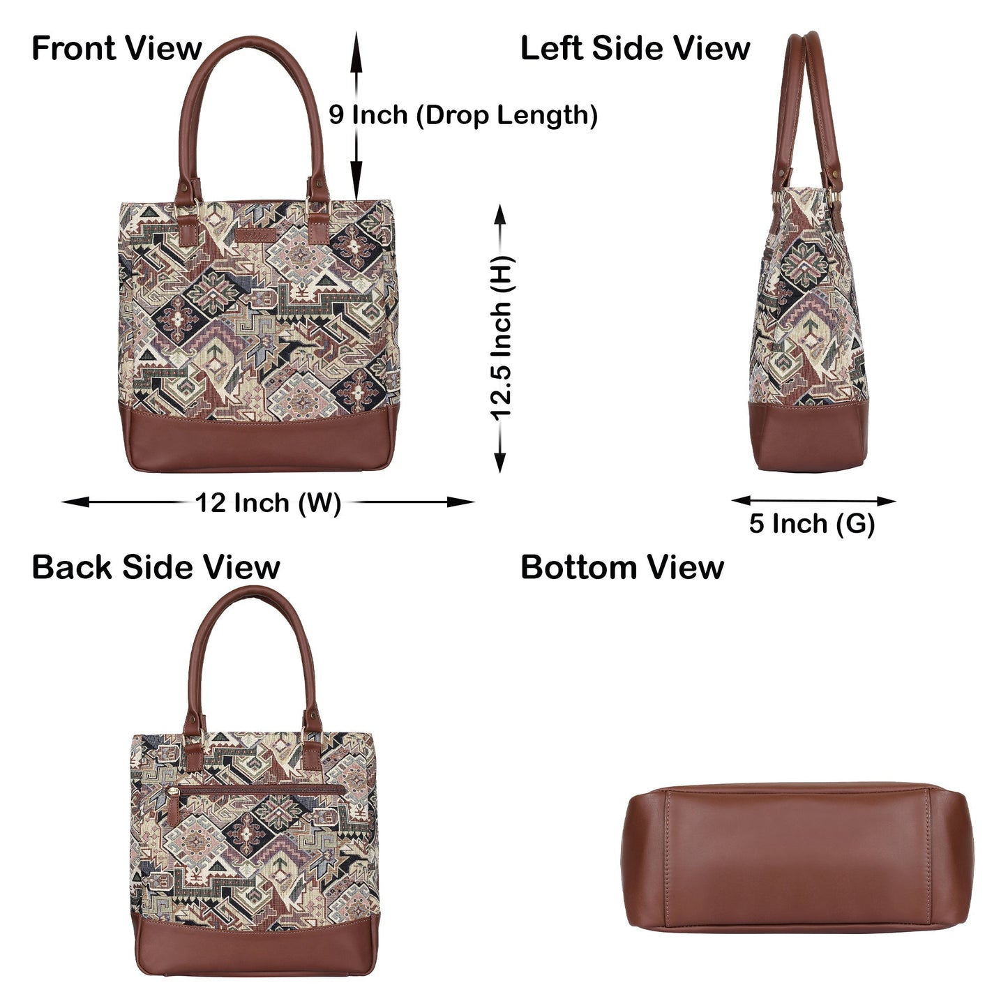 Geometric Tapestry Tote Bag for Women – Leather-Trimmed Shoulder Purse for Daily Use & Work