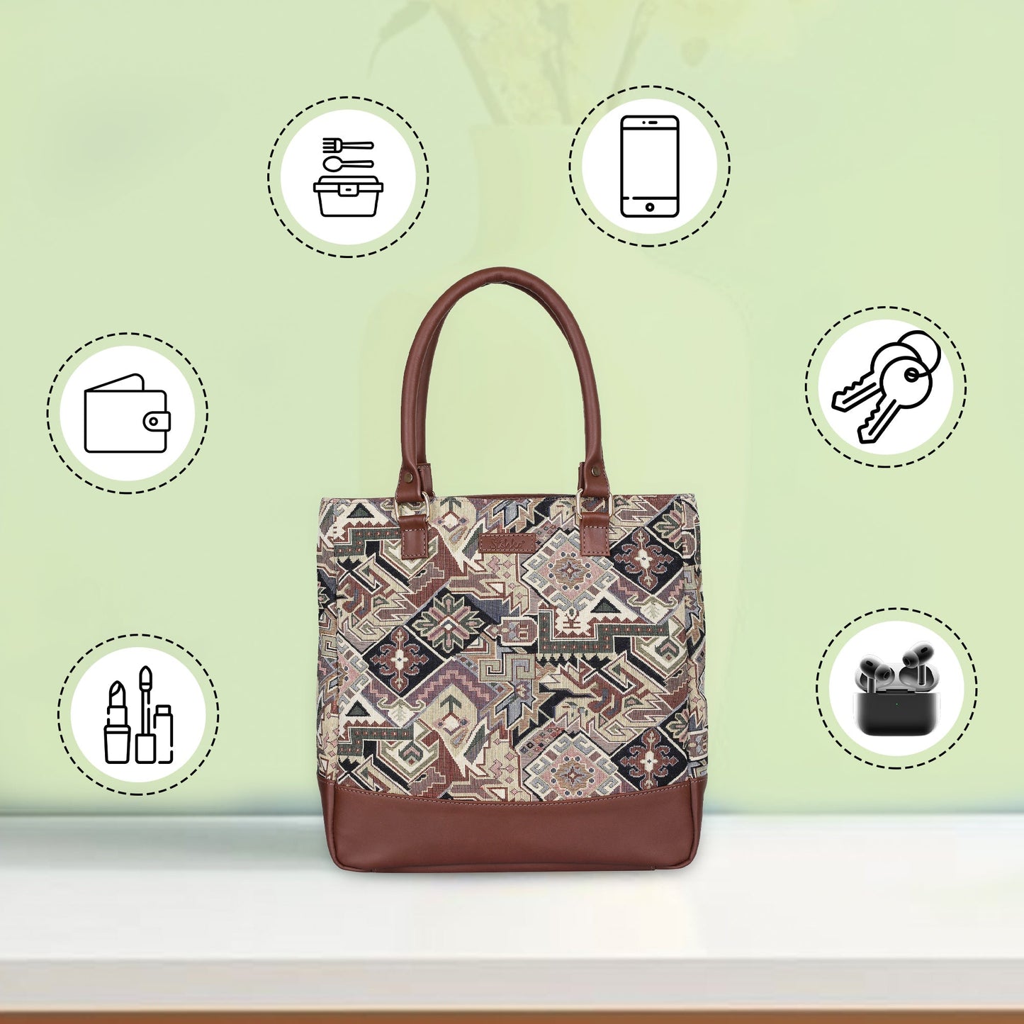 Geometric Tapestry Tote Bag for Women – Leather-Trimmed Shoulder Purse for Daily Use & Work