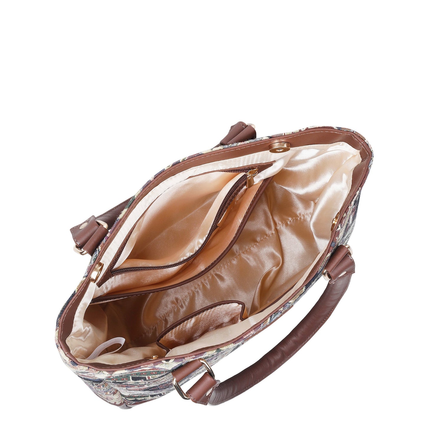 Geometric Tapestry Tote Bag for Women – Leather-Trimmed Shoulder Purse for Daily Use & Work