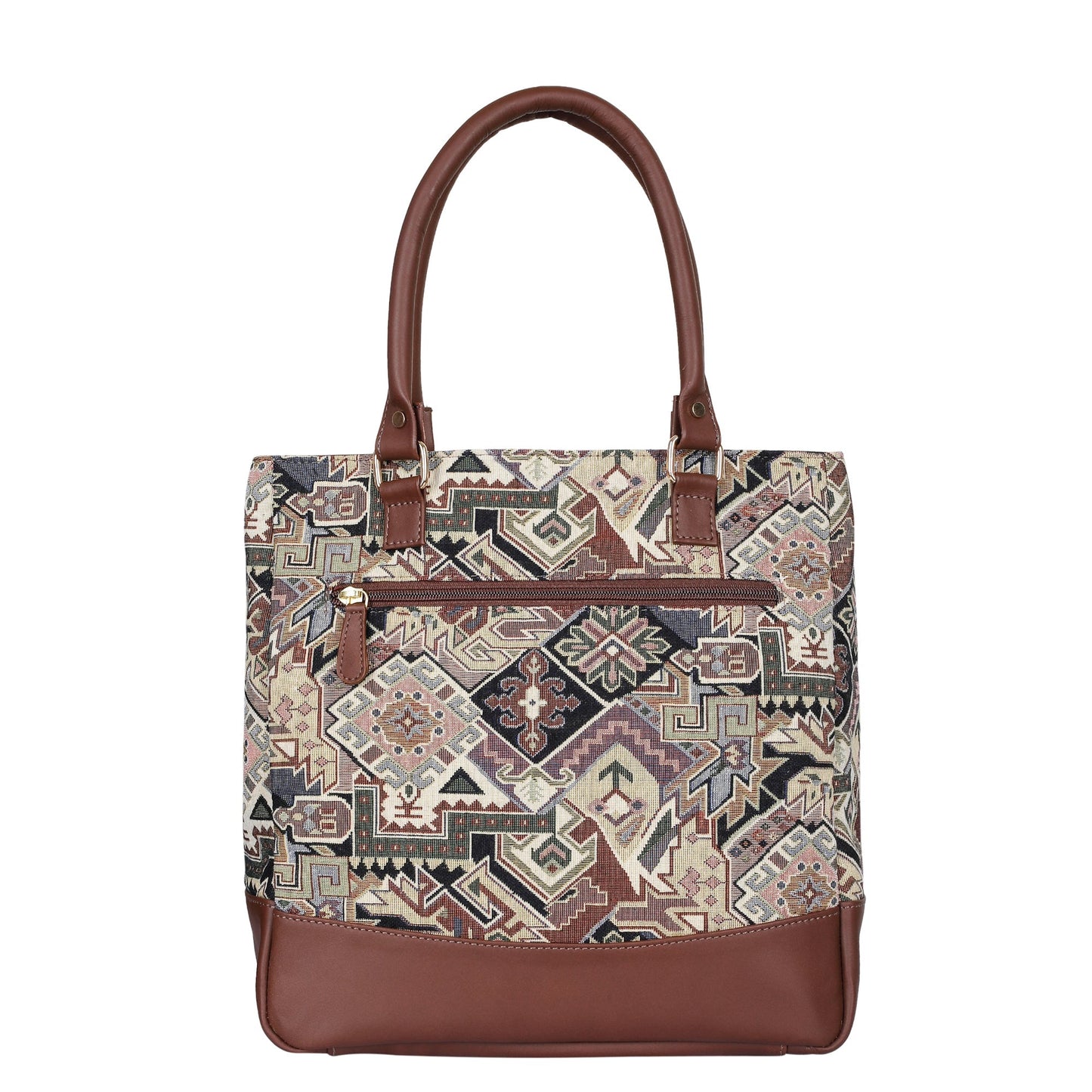 Geometric Tapestry Tote Bag for Women – Leather-Trimmed Shoulder Purse for Daily Use & Work
