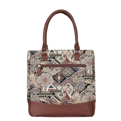 Geometric Tapestry Tote Bag for Women – Leather-Trimmed Shoulder Purse for Daily Use & Work