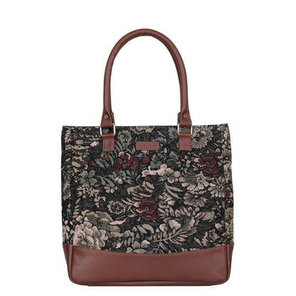 Women’s Vintage Tapestry Tote Bag – Leather-Trimmed Top Handle Shoulder Handbag for Daily Use, Office & Travel