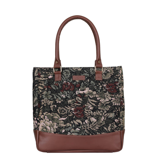 Women’s Vintage Tapestry Tote Bag – Leather-Trimmed Top Handle Shoulder Handbag for Daily Use, Office & Travel