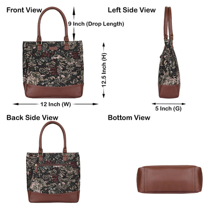 Women’s Vintage Tapestry Tote Bag – Leather-Trimmed Top Handle Shoulder Handbag for Daily Use, Office & Travel