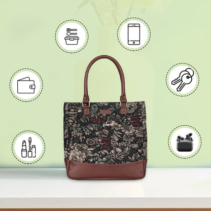 Women’s Vintage Tapestry Tote Bag – Leather-Trimmed Top Handle Shoulder Handbag for Daily Use, Office & Travel