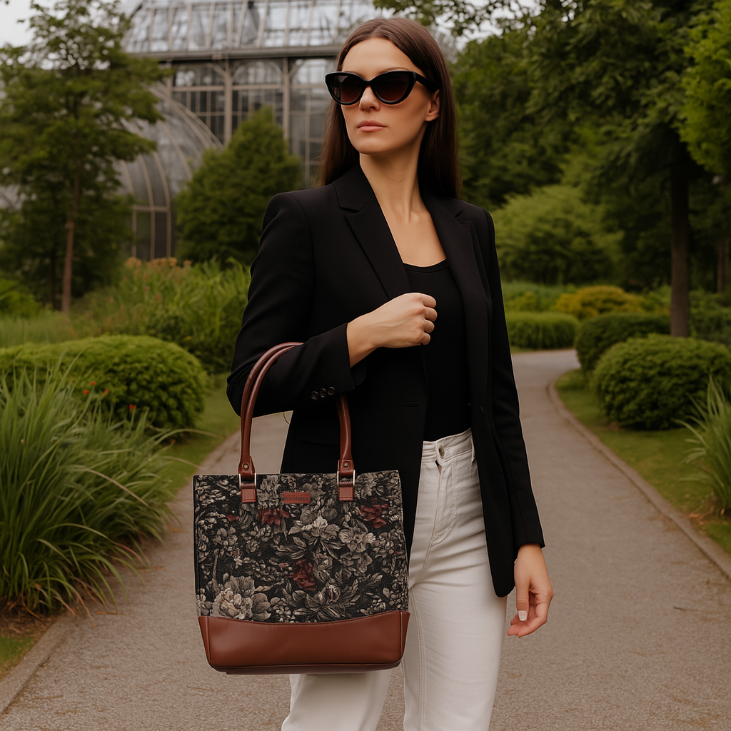 Women’s Vintage Tapestry Tote Bag – Leather-Trimmed Top Handle Shoulder Handbag for Daily Use, Office & Travel