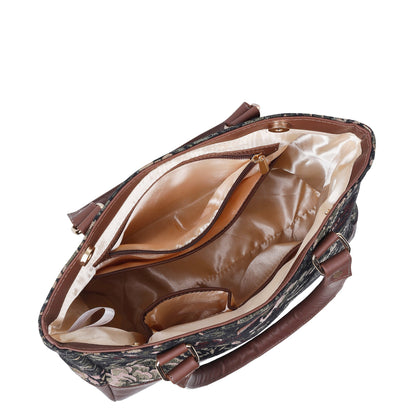 Women’s Vintage Tapestry Tote Bag – Leather-Trimmed Top Handle Shoulder Handbag for Daily Use, Office & Travel