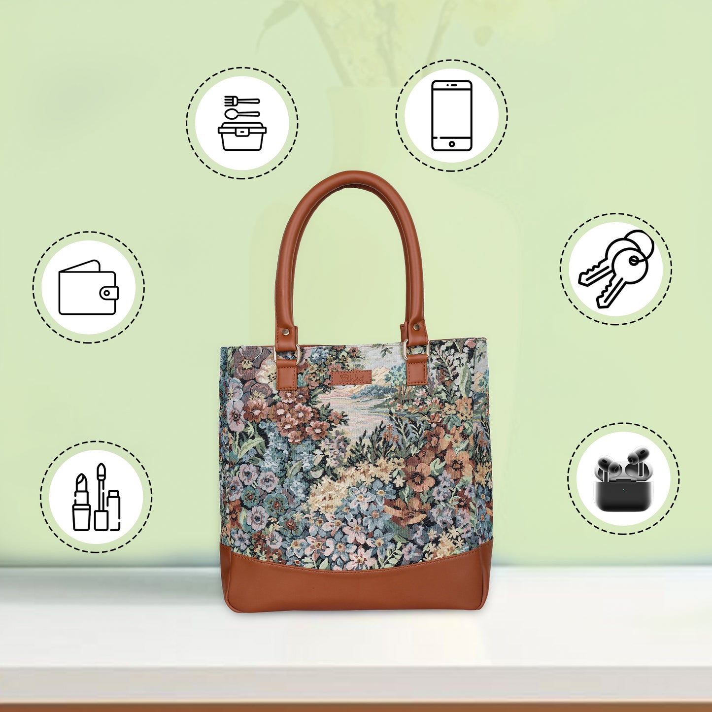 Wholesale Women Botanical Tapestry Tote Bag – Shoulder & Top Handle Handbag with vegan leather Accents