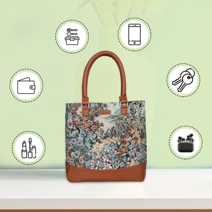 Wholesale Women Botanical Tapestry Tote Bag – Shoulder & Top Handle Handbag with vegan leather Accents