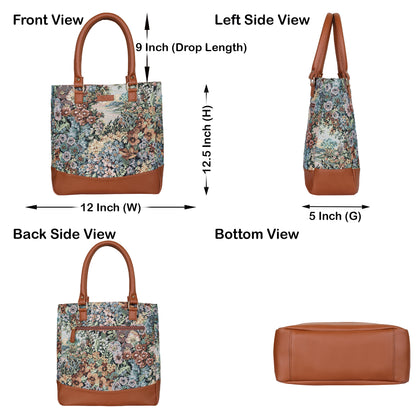 Wholesale Women Botanical Tapestry Tote Bag – Shoulder & Top Handle Handbag with vegan leather Accents
