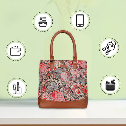 Wholesale Women Floral Tapestry Tote Bag – Vegan Leather trimmed Shoulder Purse with Top Handle