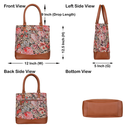 Wholesale Women Floral Tapestry Tote Bag – Vegan Leather trimmed Shoulder Purse with Top Handle