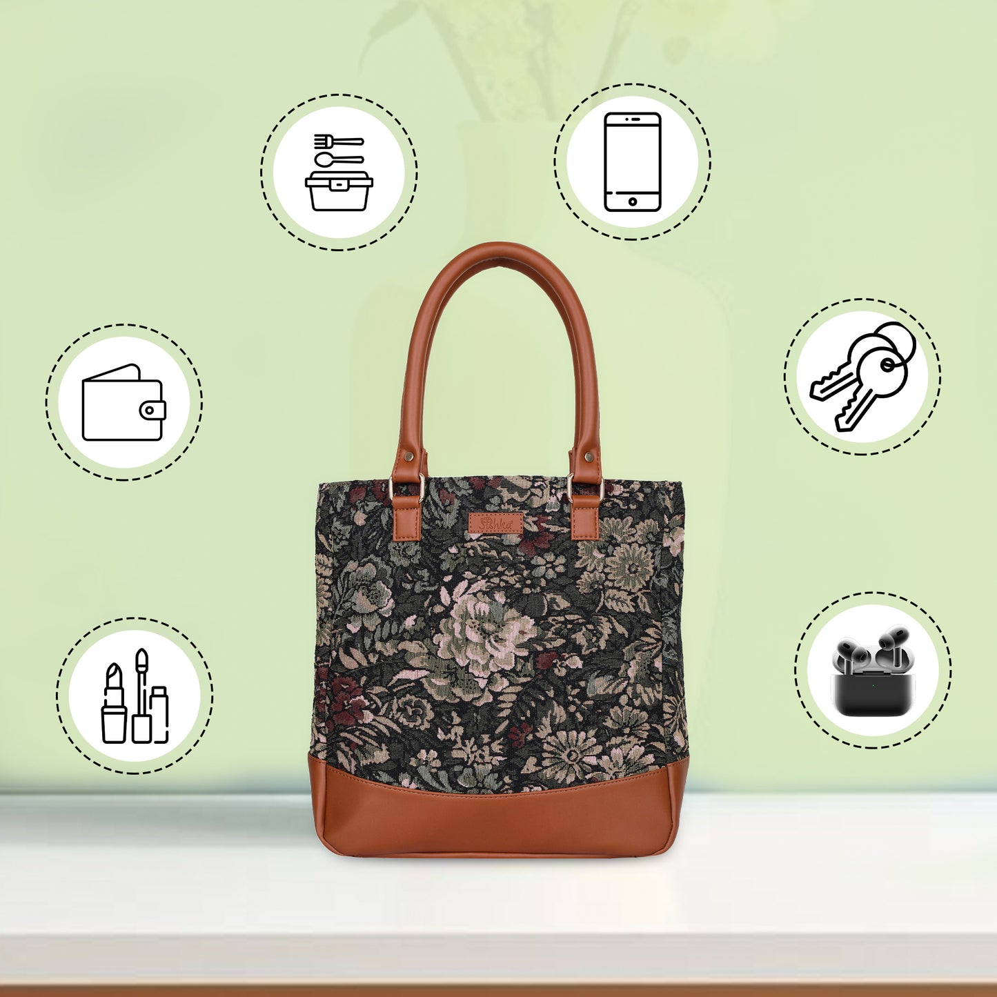 Women Vintage Tapestry Tote Bag – Vegan Leather-Trimmed Top Handle Shoulder Handbag for Daily Use, Office & Travel